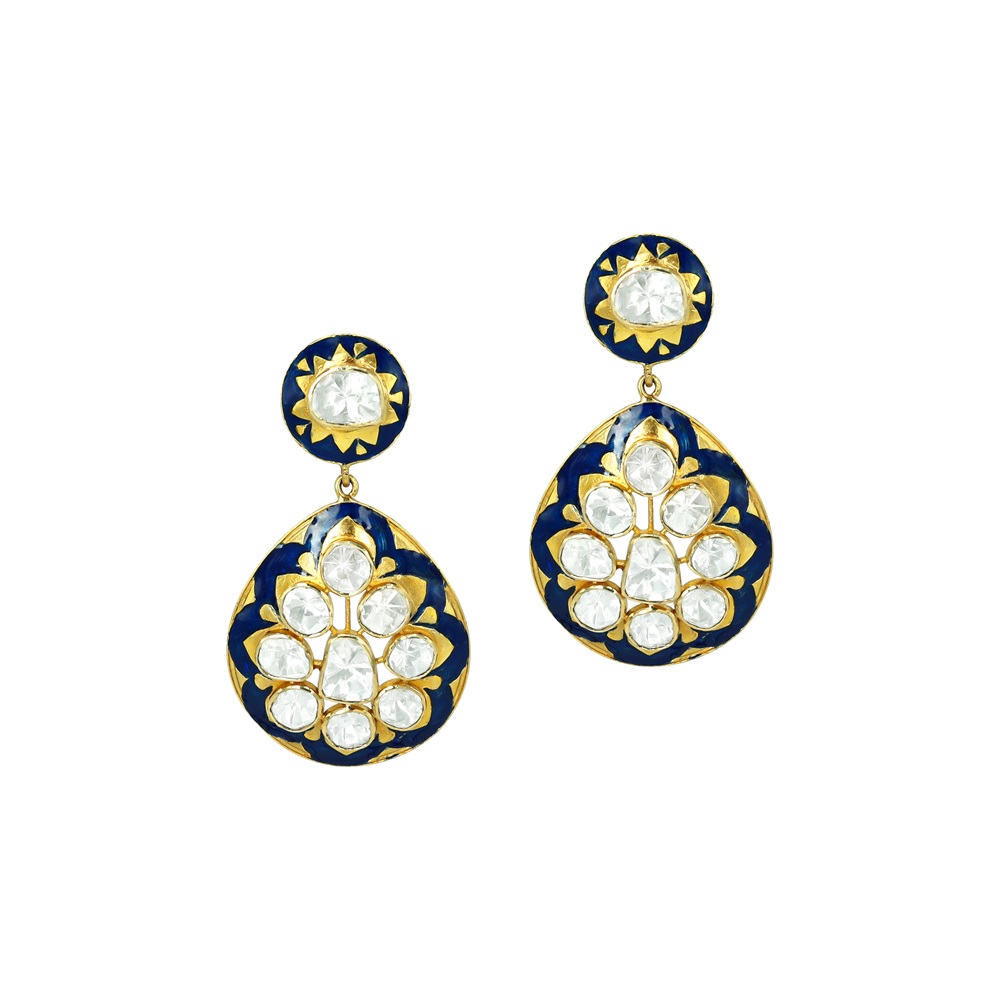 Navy Enamel Drop Earrings with Floral Polkis